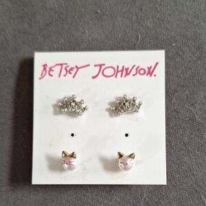 Betsey Johnson Silver Crown and White Cat Earrings